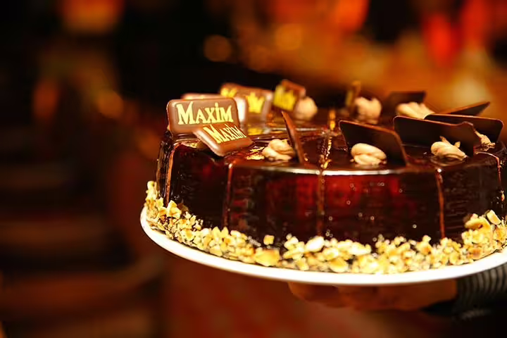 Chocolate cake dessert served on Nile Maxim dinner cruise in Cairo, perfect finish to belly dancer show night