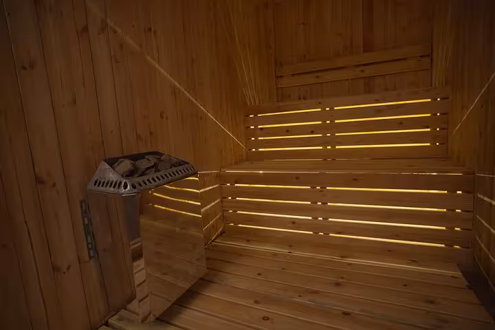 Wooden sauna cabin in Sharm El Sheikh spa, relaxing heat therapy included in Chocolate Magic Bath Spa Experience