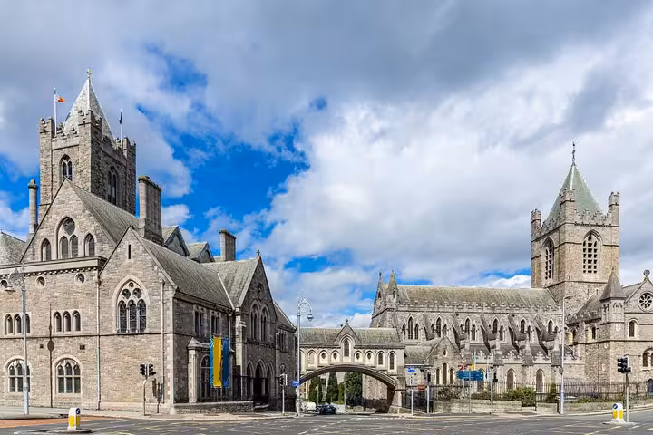 Christ Church Cathedral and Dublinia museum connected by stone arch bridge in Dublin, Ireland