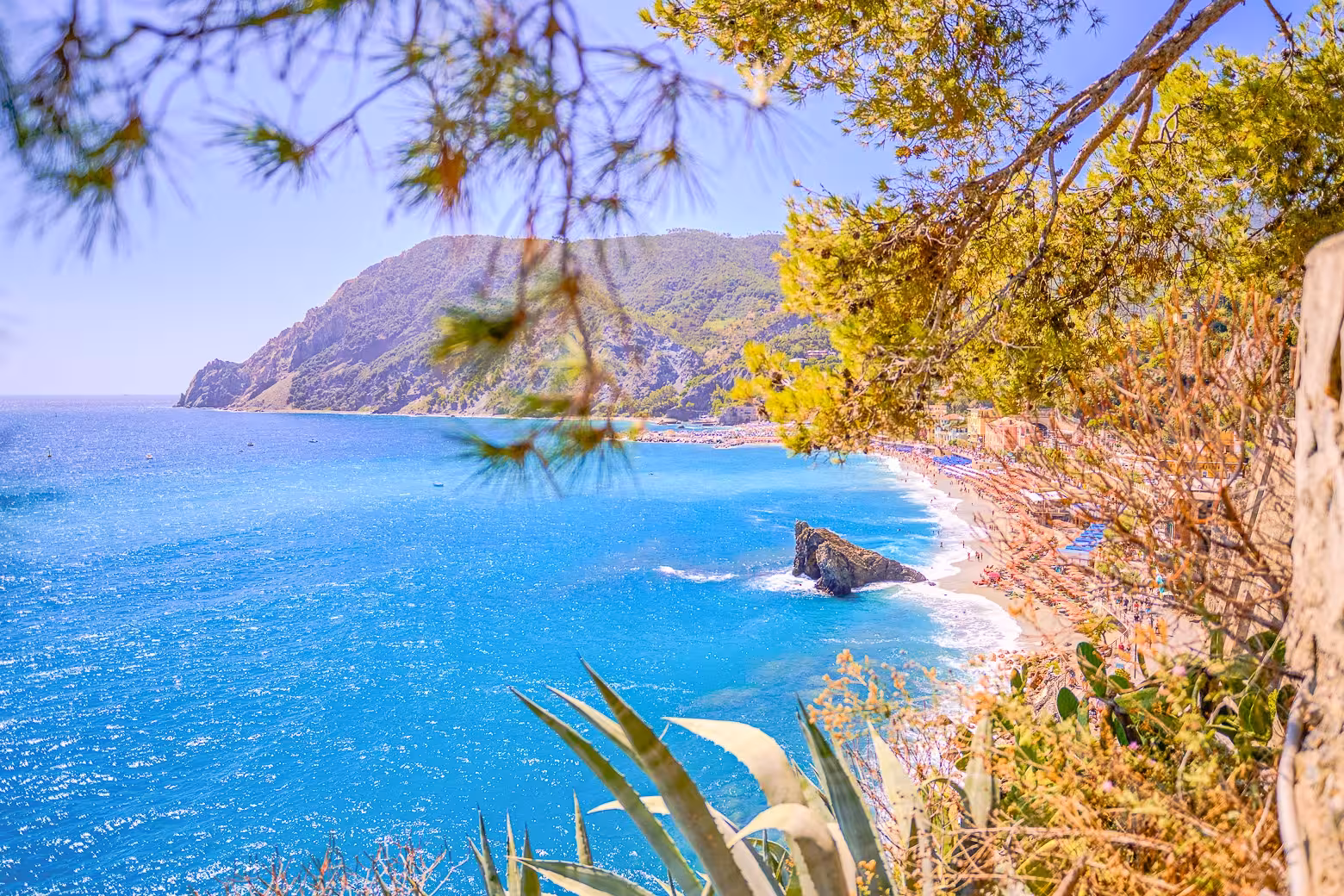 Breathtaking view of Cinque Terre's coastline with clear blue sea framed by lush greenery and rocky cliffs.