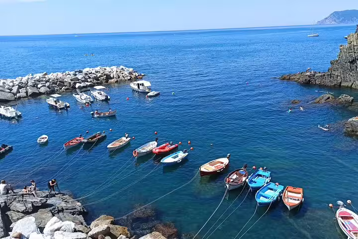 Colorful fishing boats bob in the clear blue harbor of Cinque Terre, Italy, seen on a private one-day coastal tour