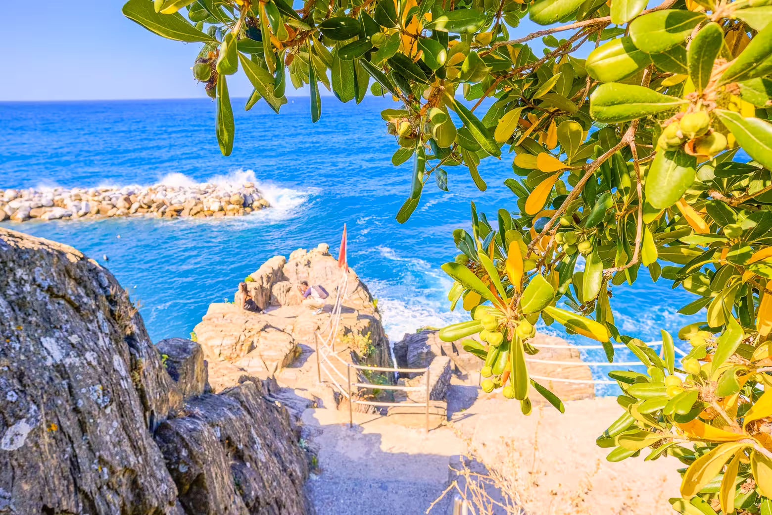Scenic view of rocky coastline and blue sea in Cinque Terre, ideal for small group hiking tours from La Spezia port.