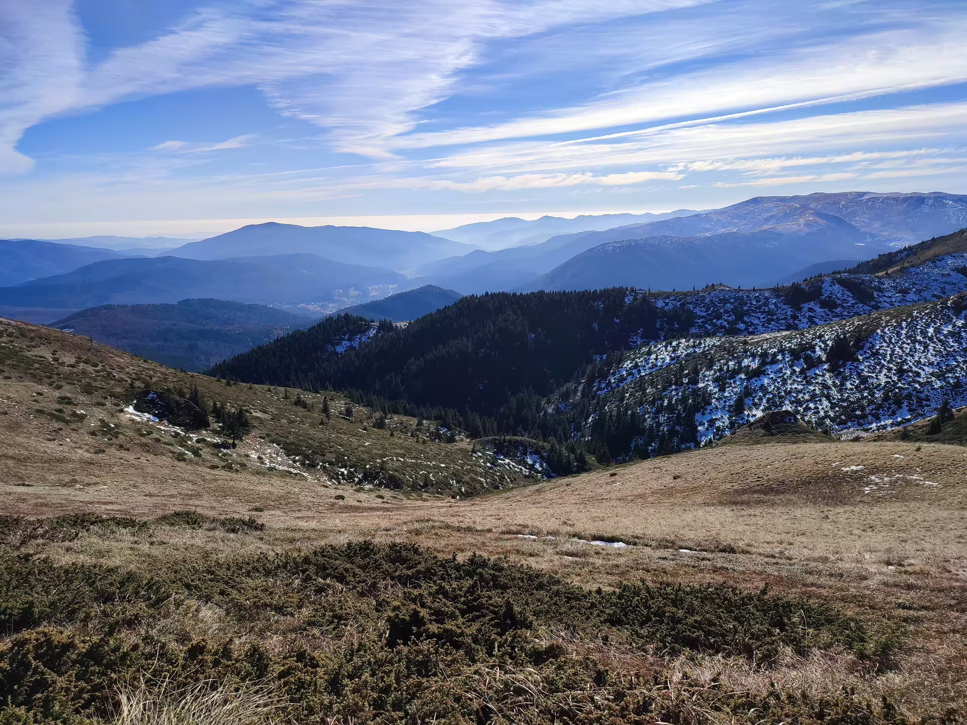 Panoramic mountain valley view with snow patches and conifer forests on a guided hike in Romania