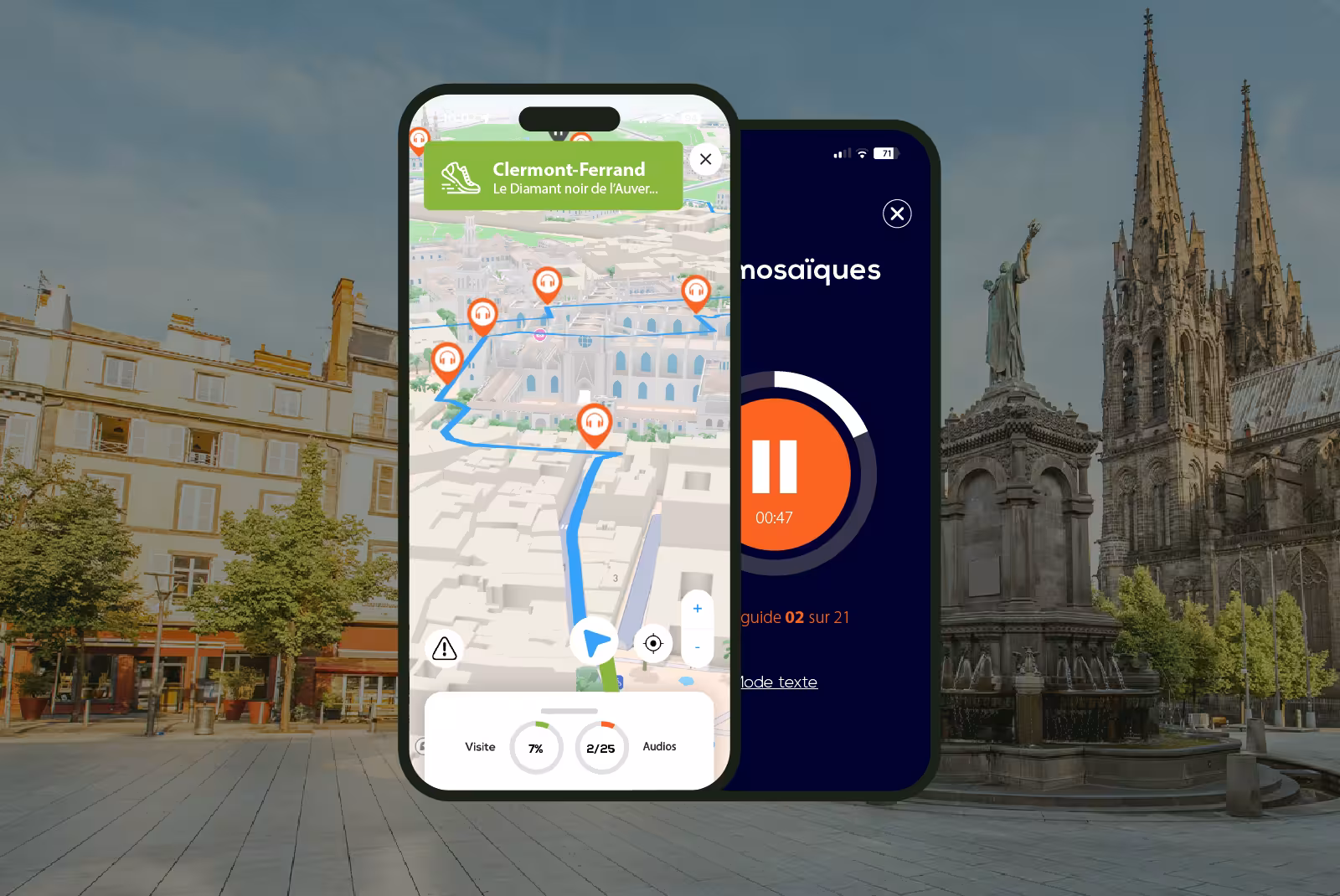 Clermont-Ferrand audioguide mobile application interface on smartphone with the main square in the background.