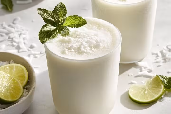 Refreshing coconut lime drink garnished with fresh mint, highlighting Medellín's vibrant street food tour in Laureles.