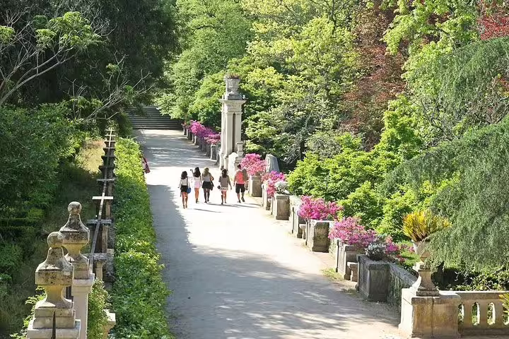 A group strolls through the lush, flower-lined paths of Coimbra's Botanical Garden, featured in the Porto day trip.