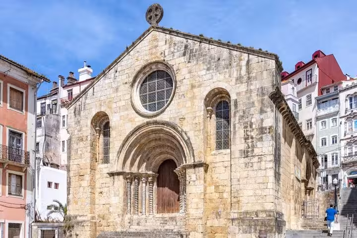Historic Romanesque church facade in Coimbra, a highlight of the private downtown walking tour.