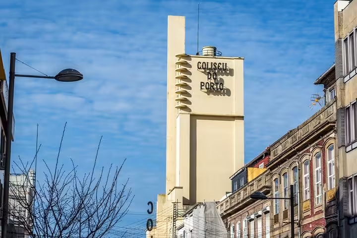 Coliseu do Porto tower landmark along historic street in Porto old town