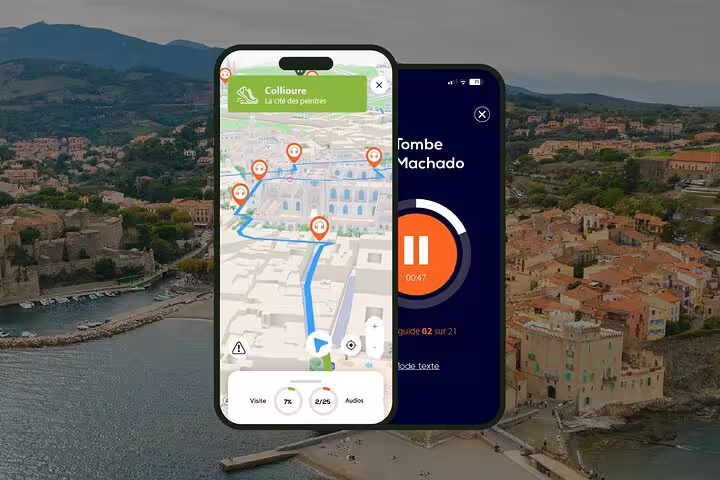 Two smartphones showing Collioure self-guided walking tour GPS map and audio guide app with aerial town view