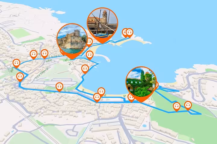 Collioure self-guided walking tour map with GPS audio guide markers showing castle and harbor landmarks