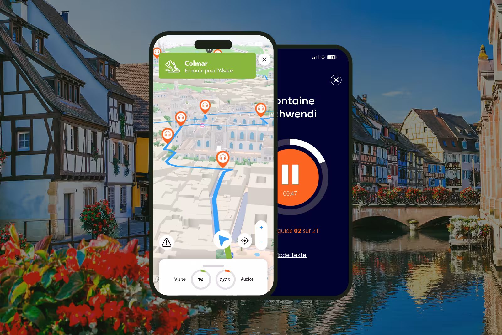 Colmar audioguide mobile application interface on smartphone with the canal and the colorful houses in the background.
