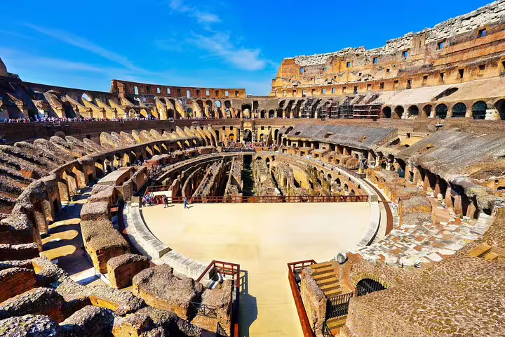 Panoramic view of the Colosseum arena floor and underground chambers seen on an exclusive gladiator access guided tour in Rome