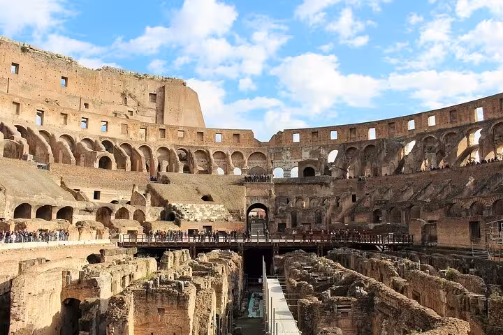 Colosseum Arena floor view over the hypogeum ruins on a private gladiator tour in Rome, Italy