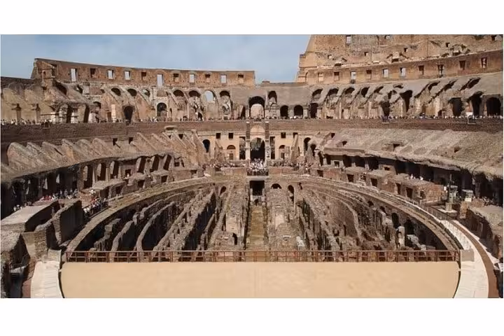 Panoramic view of the Colosseum's Arena Floor showcasing ancient architecture and the iconic amphitheater structure.
