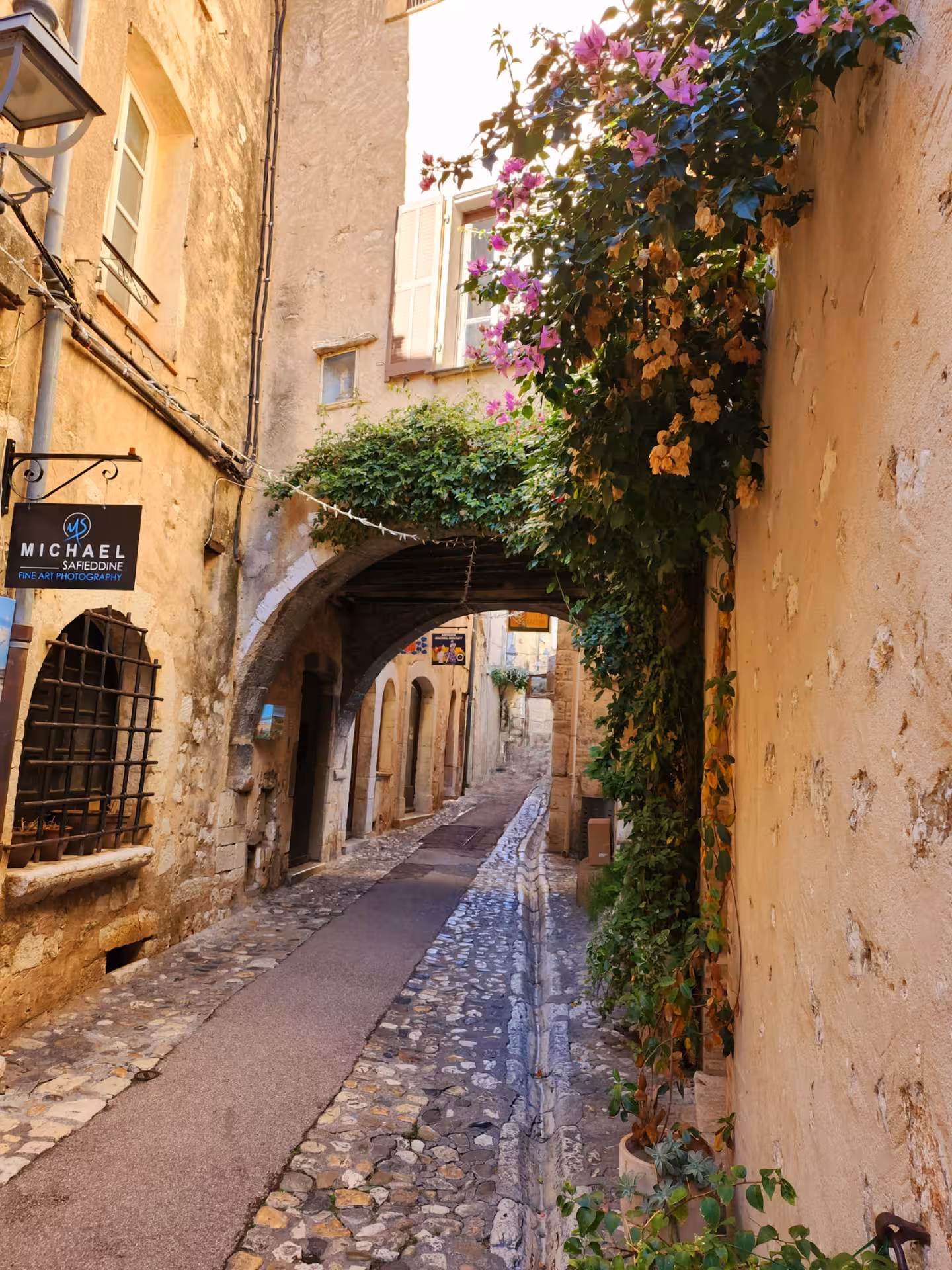 Picturesque narrow street lined with vibrant flowers and historic stone buildings in a quaint village setting.