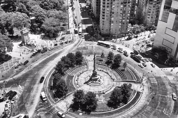 Aerial black and white view of Columbus Circle roundabout in Midtown Manhattan NYC