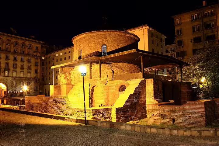 Ancient Roman rotunda Saint George illuminated at night in Sofia, Bulgaria
