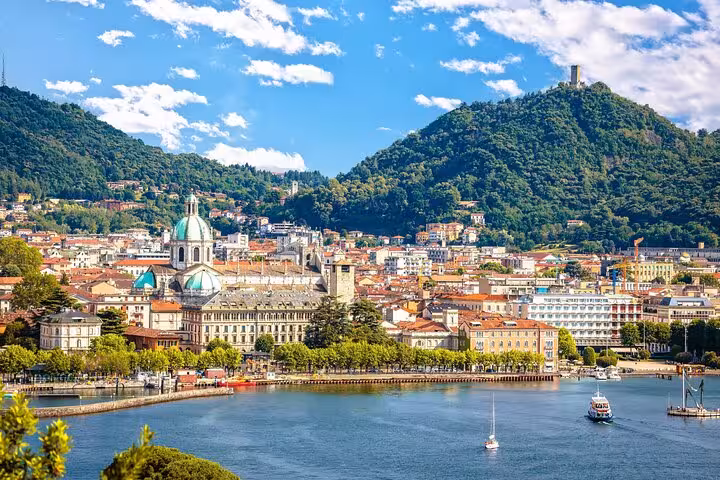 Como waterfront skyline and lake views, scenic stop on Lugano to Como Bellagio cruise and train tour