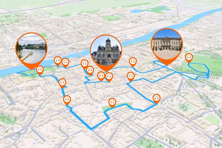 3D walking tour map of Compiegne with orange audio guide pins marking landmarks and a blue route path
