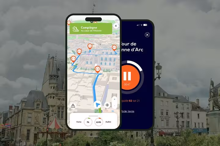 Compiegne self-guided walking tour app showing 3D map navigation and audio guide on two smartphones