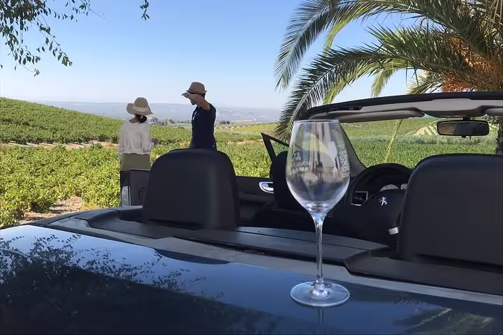 Convertible car parked near a vineyard with a wine glass, as a couple enjoys the scenic view in Cordoba.