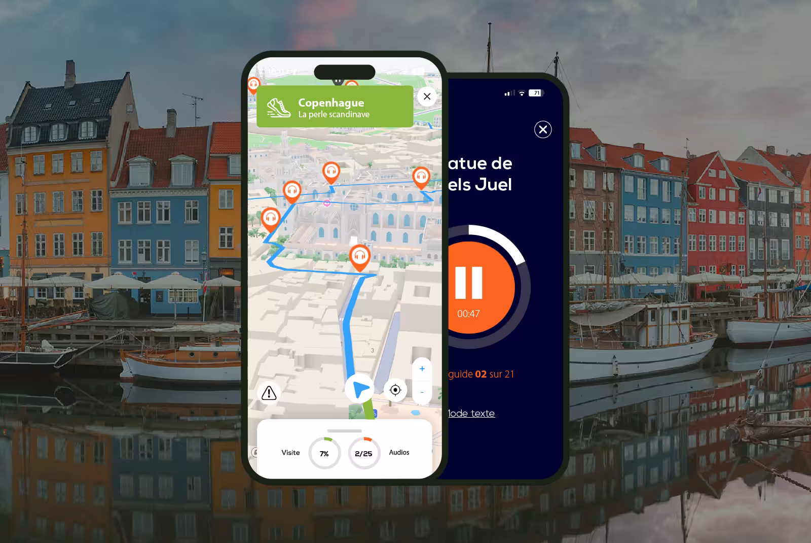 Copenhagen audioguide mobile application interface on smartphone with the Nyhavn Canal in the background.