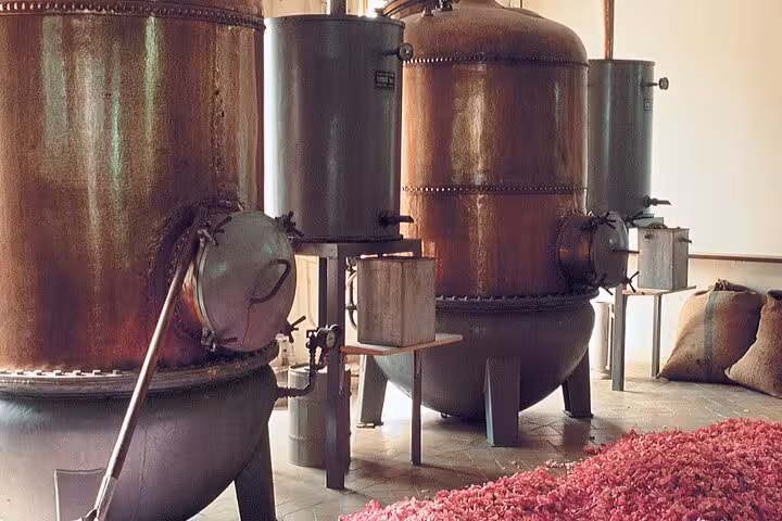 Copper distillation tanks in a perfume factory with rose petals, showcasing traditional fragrance production methods.