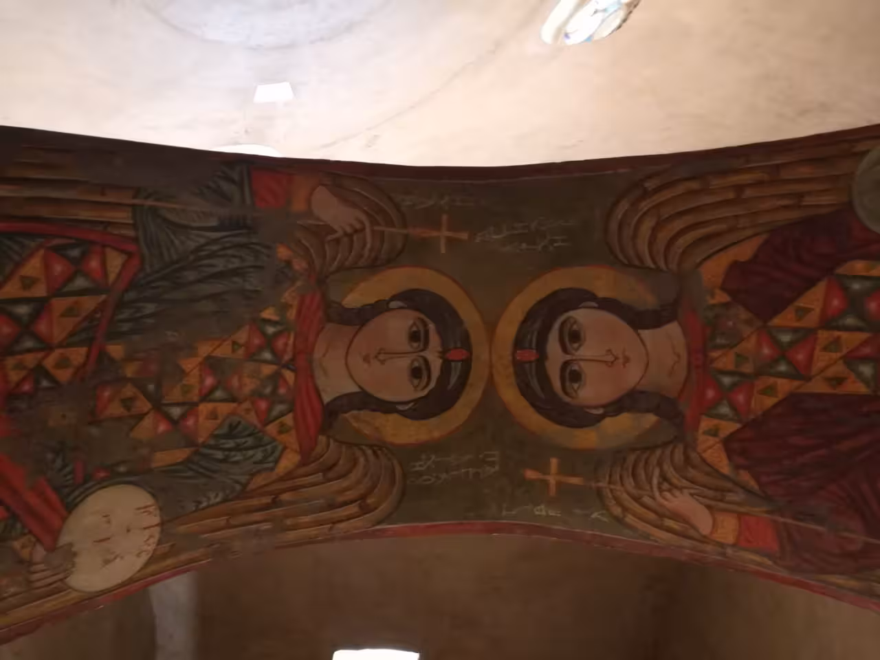 Ethiopian Coptic angel murals painted on arched ceiling inside Red Sea monastery near Sokhna