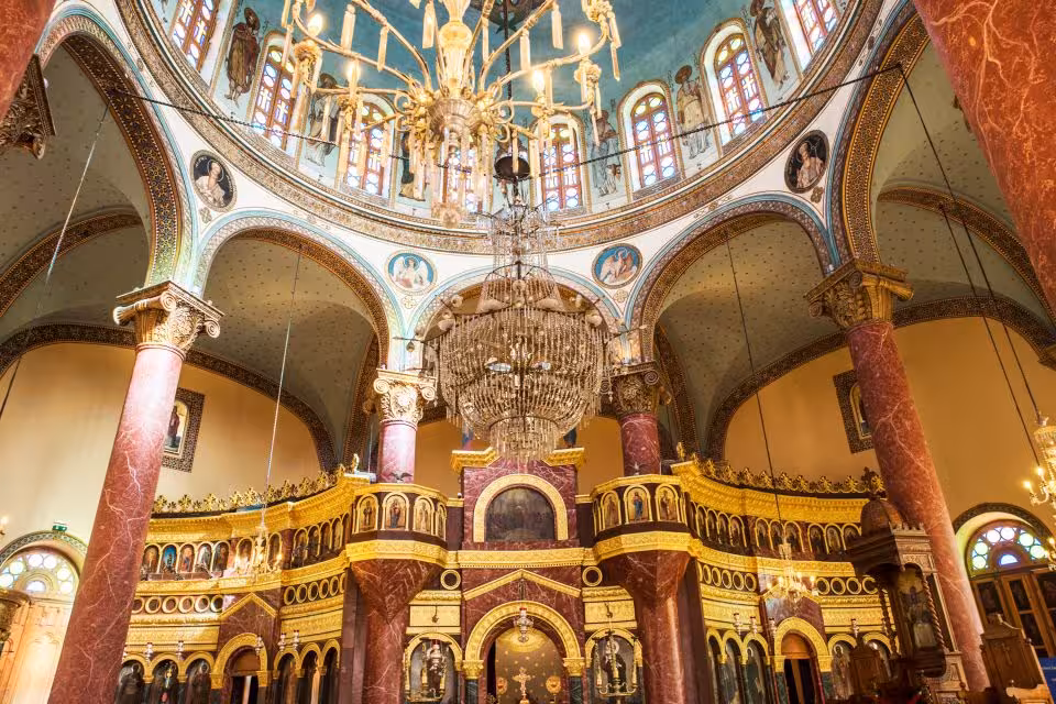 Ornate Coptic Cairo church interior with chandeliers and iconostasis on an Islamic and Coptic Cairo day tour