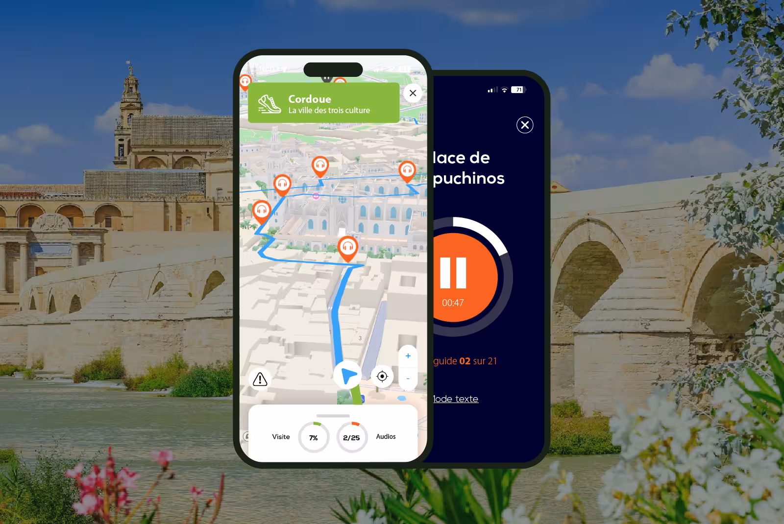 Cordoba audioguide mobile application interface on smartphone with the Roman Bridge in the background.
