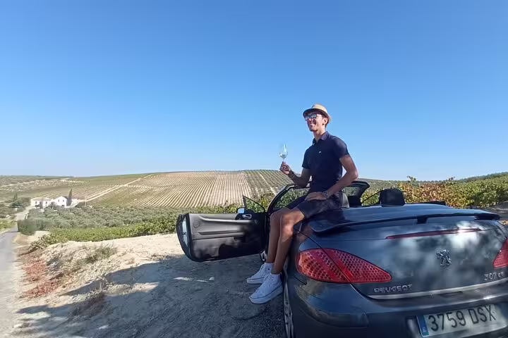 Traveler enjoying wine atop a convertible amidst scenic vineyards and olive groves in Cordoba under a clear blue sky.