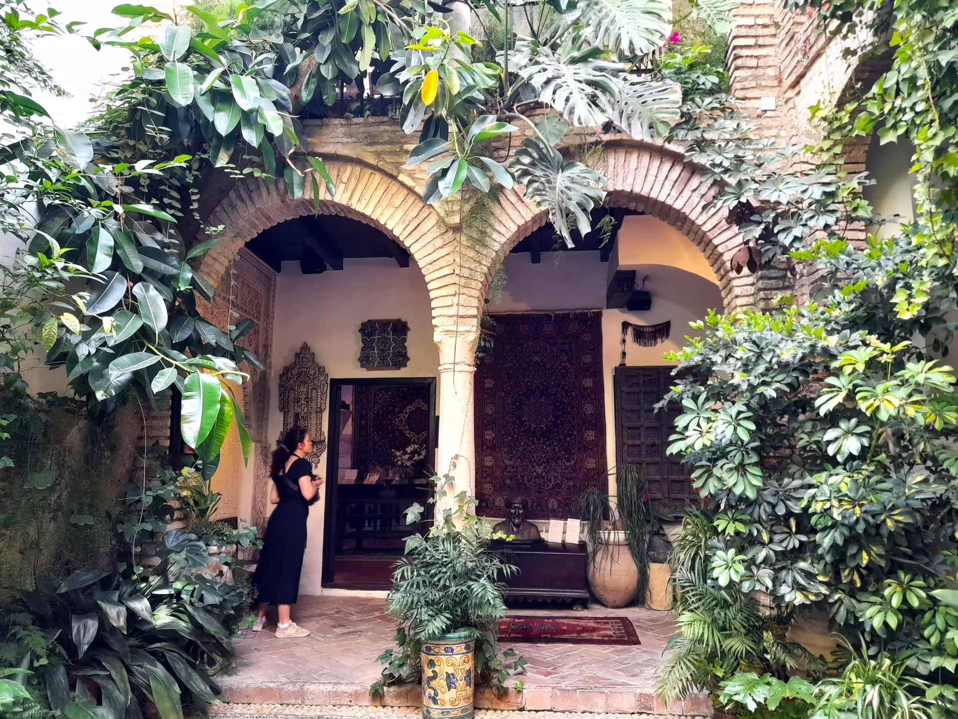 Hidden Cordoba patio with Moorish arches and lush greenery, a highlight on a guided group walking tour