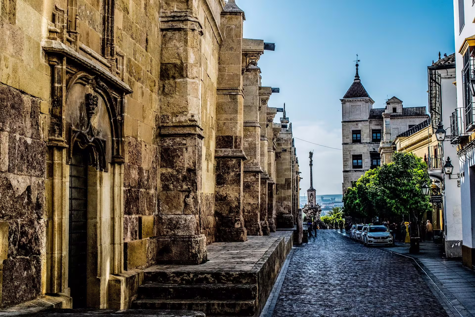 Historic street by Cordoba Mosque-Cathedral on guided group day trip with Costa del Sol pickup