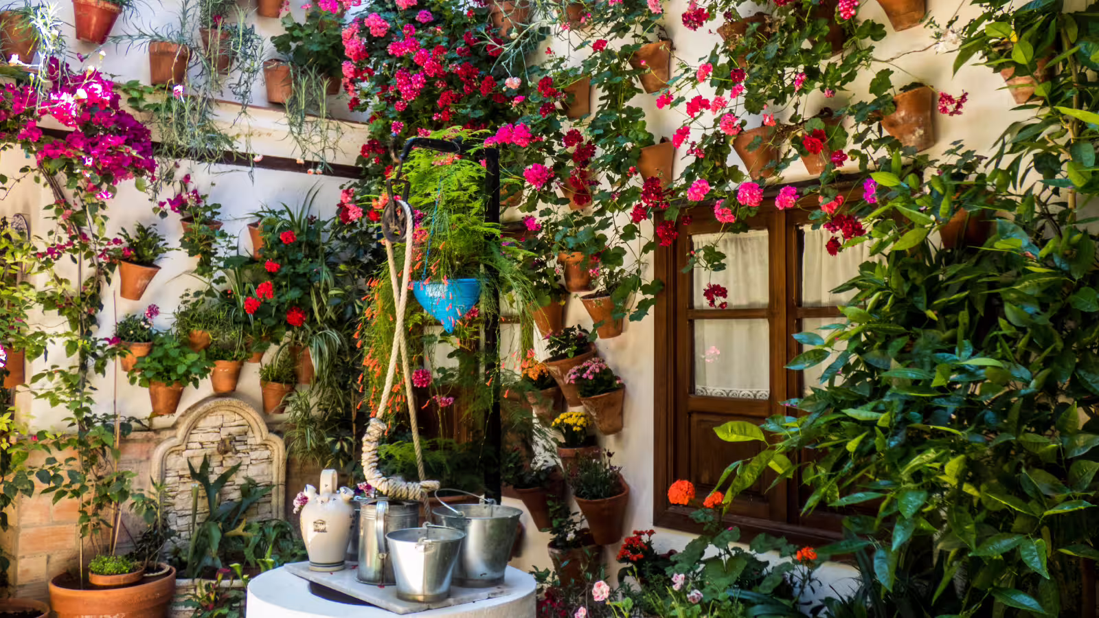 Colorful Córdoba patio with flower pots and fountain, seen on a private walking tour of the Jewish Quarter