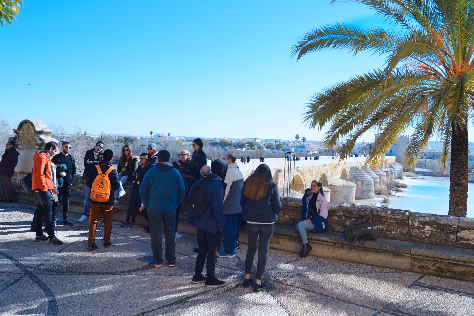 Group of tourists enjoying sunny views near Roman Bridge and palm trees during a guided tour in Córdoba.