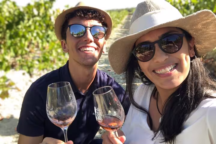 Smiling pair toasting with wine glasses in Cordoba vineyards, capturing a memorable convertible car tour experience.