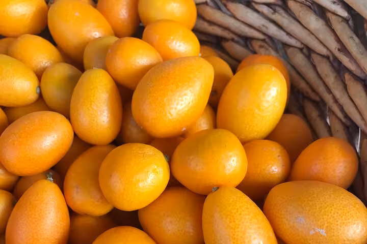 Basket of fresh kumquats for Corfu local tastings on a private tour from Corfu Town to Palaiokastritsa