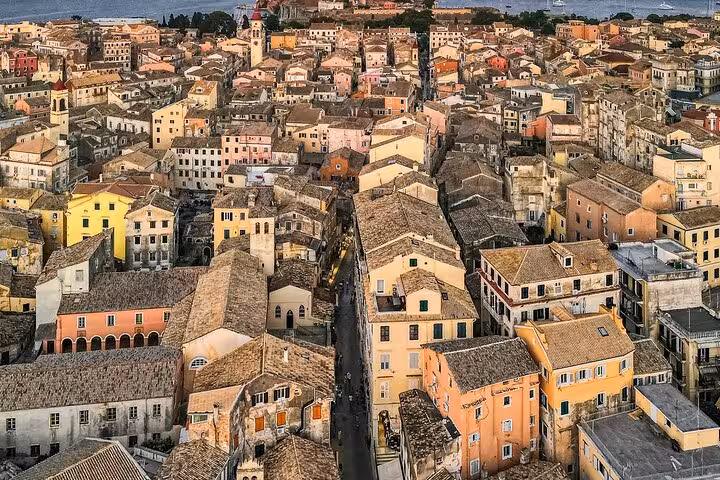 Aerial view of Old Corfu Town rooftops and narrow Venetian lanes, highlights on a private guided walking tour