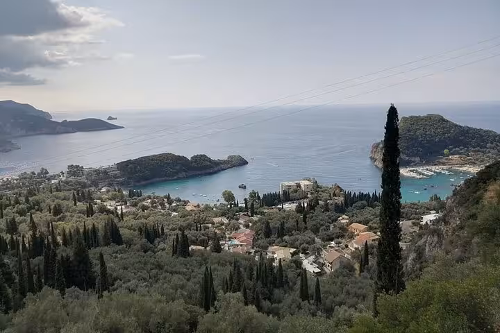 Panoramic Corfu coastline on private beach tour, olive groves and villages overlooking Paleokastritsa bays