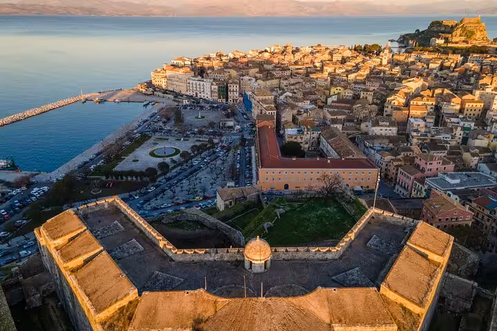 Panoramic Old Corfu Town and harbor from the Old Fortress, perfect stop on a private guided walking tour