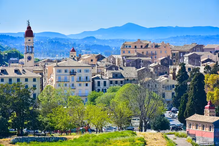 Panoramic view of Corfu Town old quarter and bell tower on a private guided shore excursion tour