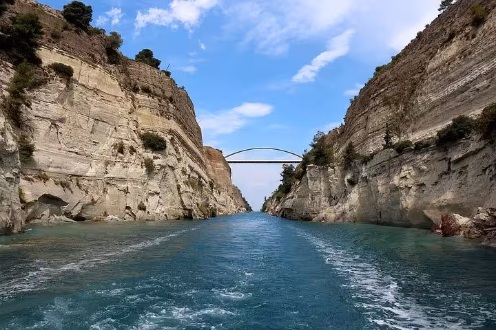Boat view through the Corinth Canal gorge near Athens, featured on day trip with Greek wine tasting and pottery workshop