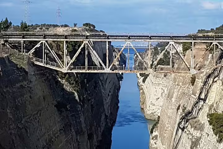 Corinth Canal bridge spanning the gorge, classic photo stop on Sparta full day tour in the Peloponnese