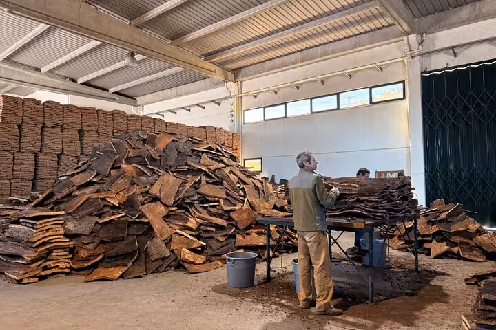 Cork processing at a factory in Évora, showcasing traditional techniques for the Évora Uncovered Private Tour.