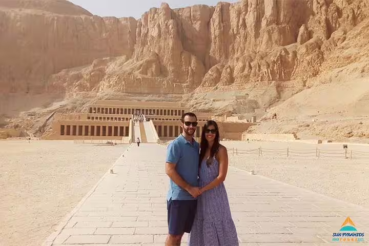 Couple at Hatshepsut Temple, Luxor West Bank, a highlight of the 8-day Luxor Nile Cruise & Cairo tour