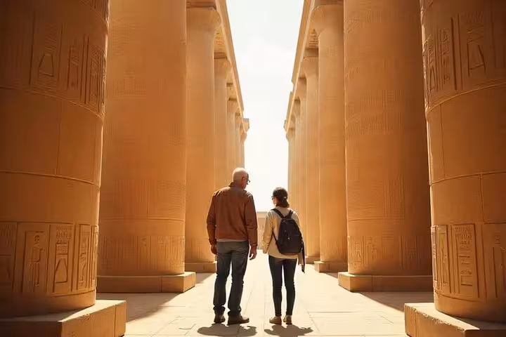 Couple walking between Karnak Temple pillars in Luxor on Sharm El Sheikh flight tour to ancient Egypt sites