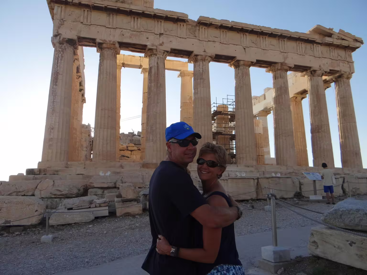 Couple at Parthenon columns on Acropolis of Athens, skip-the-line walking tour with expert guide