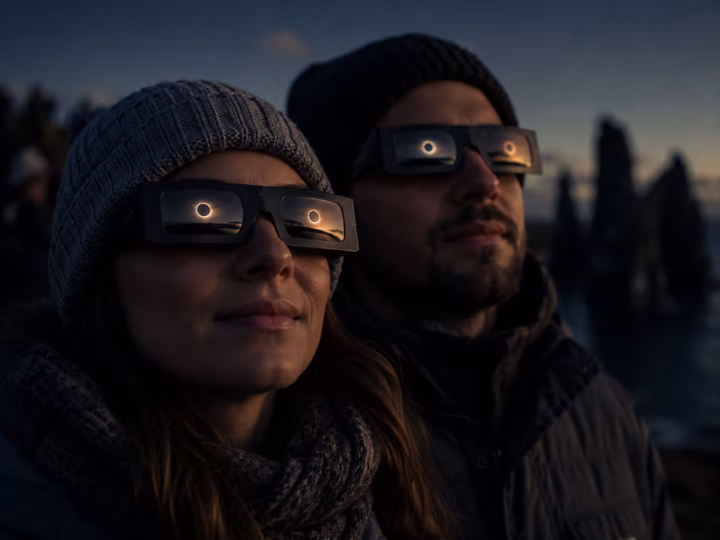 Couple wearing solar eclipse glasses reflecting total solar eclipse in Iceland at dusk