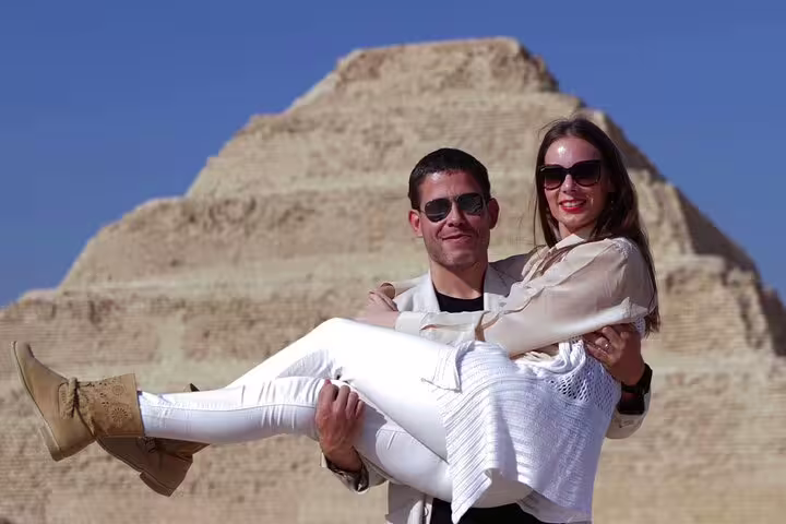 Couple posing at the Step Pyramid of Djoser, Saqqara and Memphis tour photo stop near Cairo