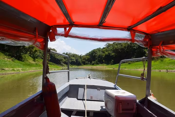 Covered boat cruising a calm Rio Negro channel toward Anavilhanas Archipelago during an 8-hour Amazonas trek